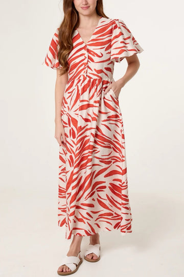 Printed Maxi Dress with Flutter Sleeves - Red