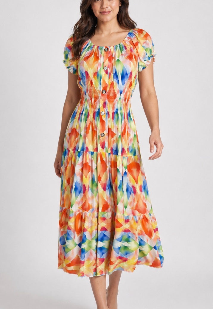 Tiered Midi Dress with Smocked Bodice - Bright Orange