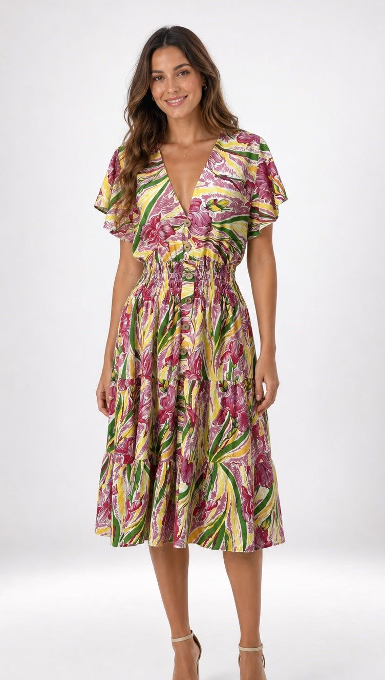 Floral Abstract Shirred Midi Dress - Mixed Pack
