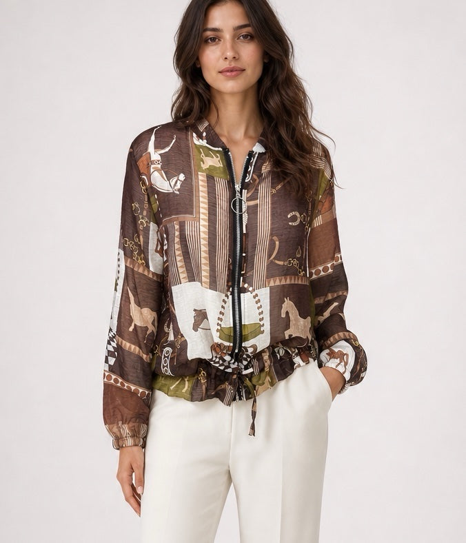 Equestrian Print Sheer Bomber Jacket - Chocolate