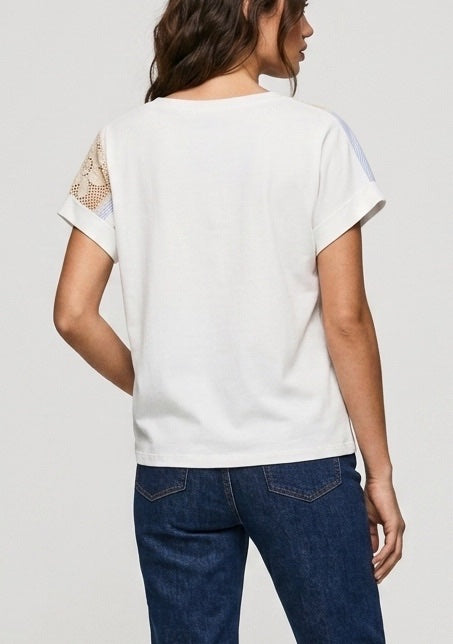 Crochet and Pinstripe Detail Tee - White (2)
