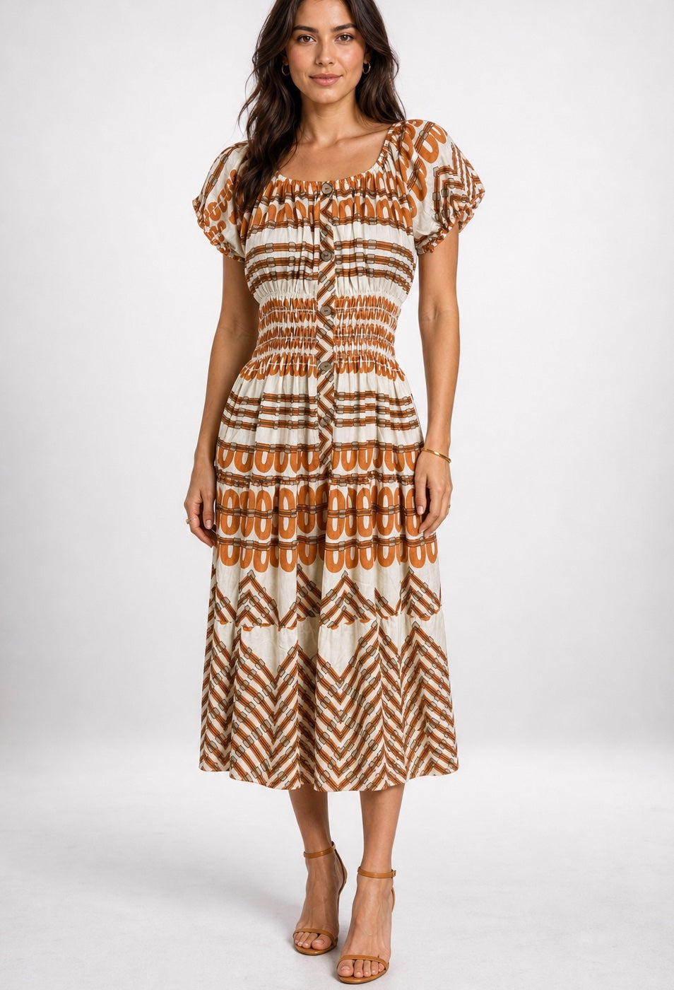 Chain Link Print Shirred Bodice Midi Dress - Mixed Pack