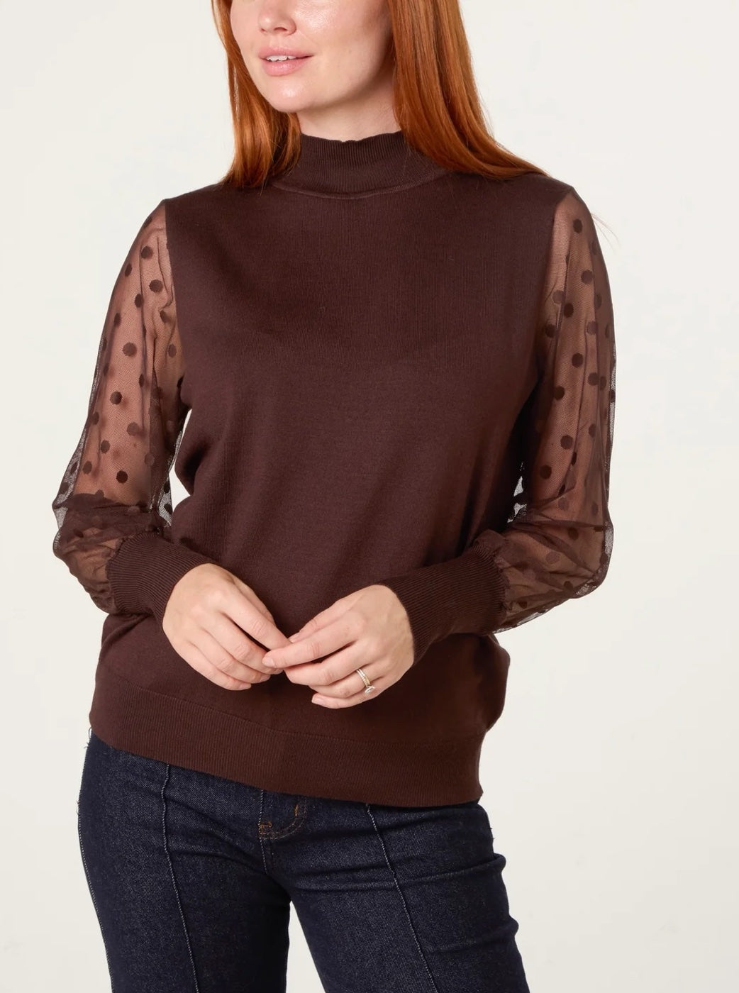 Mock Neck Polka Dot Sleeve Jumper - Chocolate