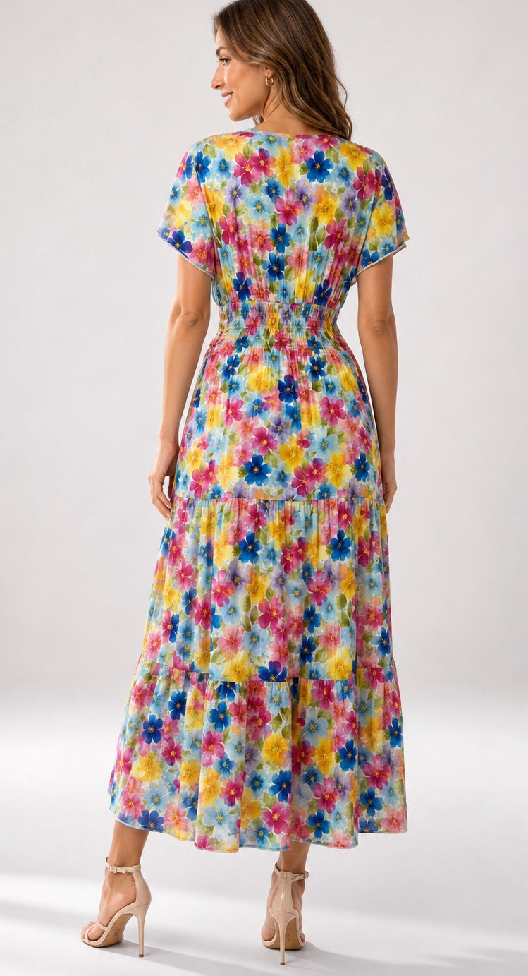 Tiered Maxi Dress with Flutter Sleeves - Blue