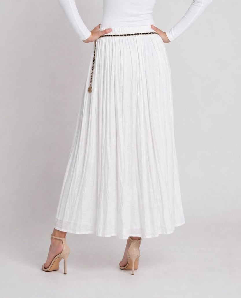 Chain Belt Crinkled Maxi Skirt - White