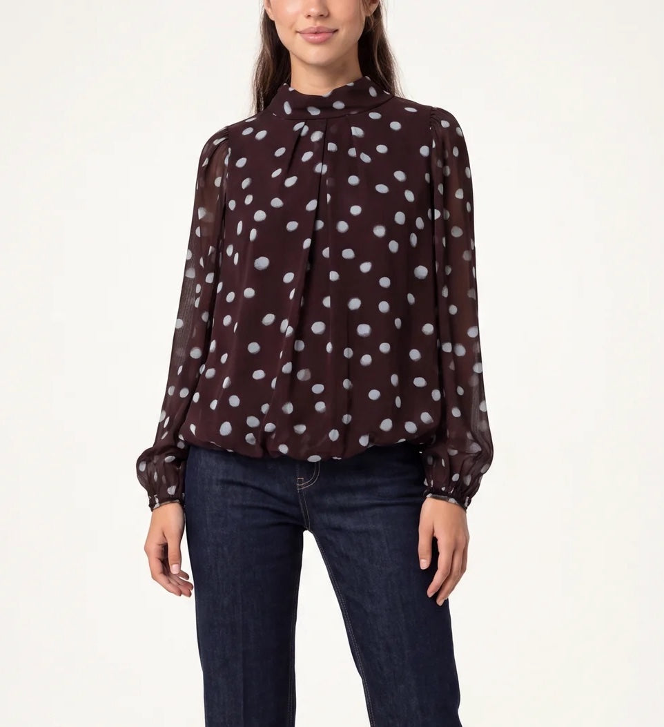 Polka Dot High Neck Blouse - Chocolate