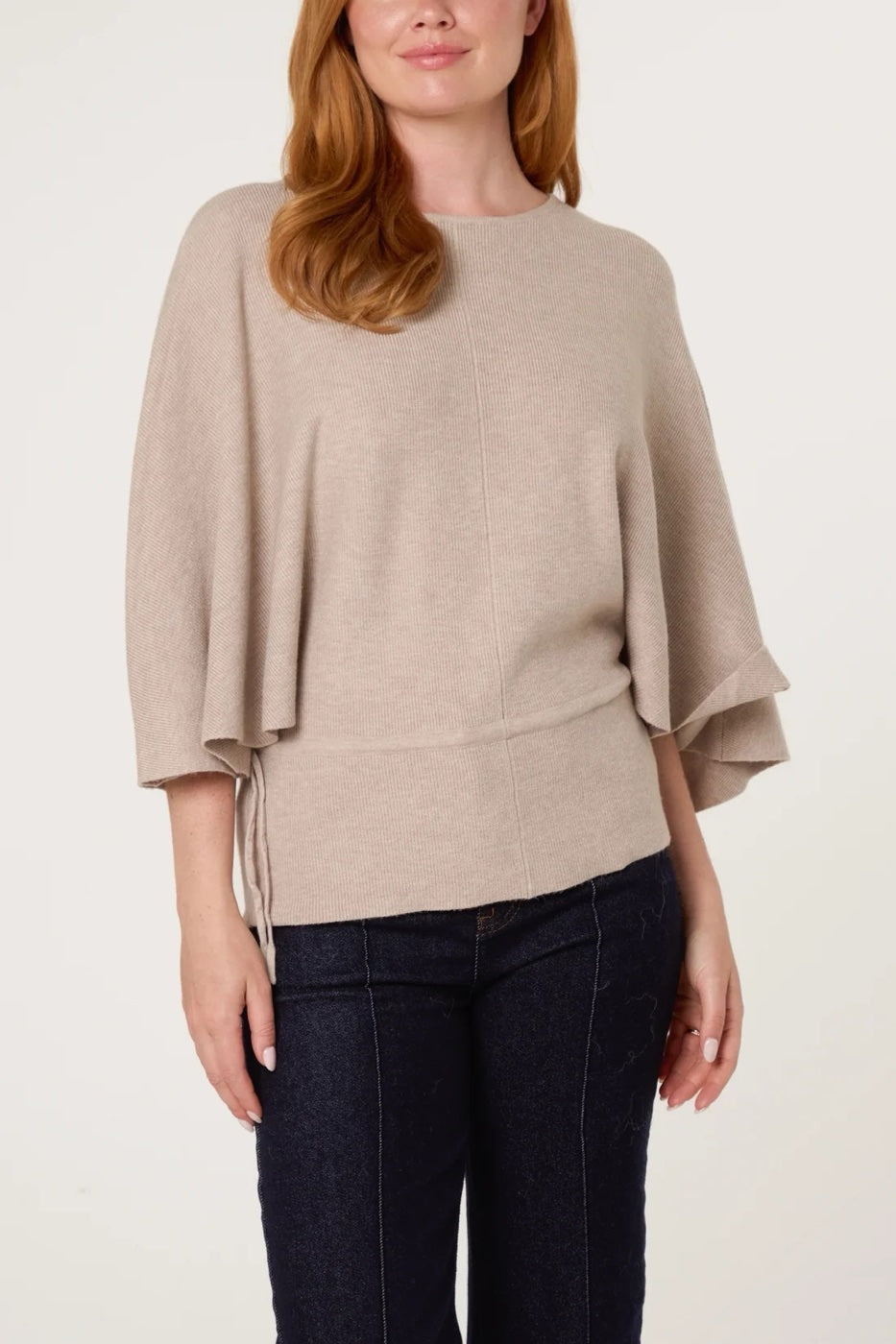 Knitted Jumper with Drawstring Hem - Beige
