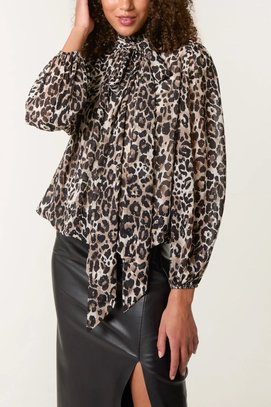 Leopard Print Bow Neck Blouse - Animal