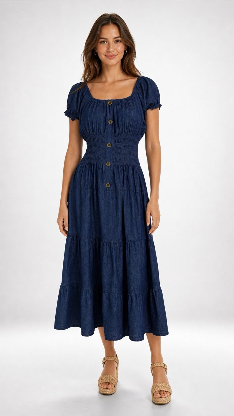 Tiered Denim Midi Dress with Shirred Bodice - Mixed Pack