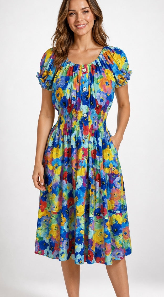 Watercolour Flower Puff Sleeve Midi Dress - Cobalt Blue
