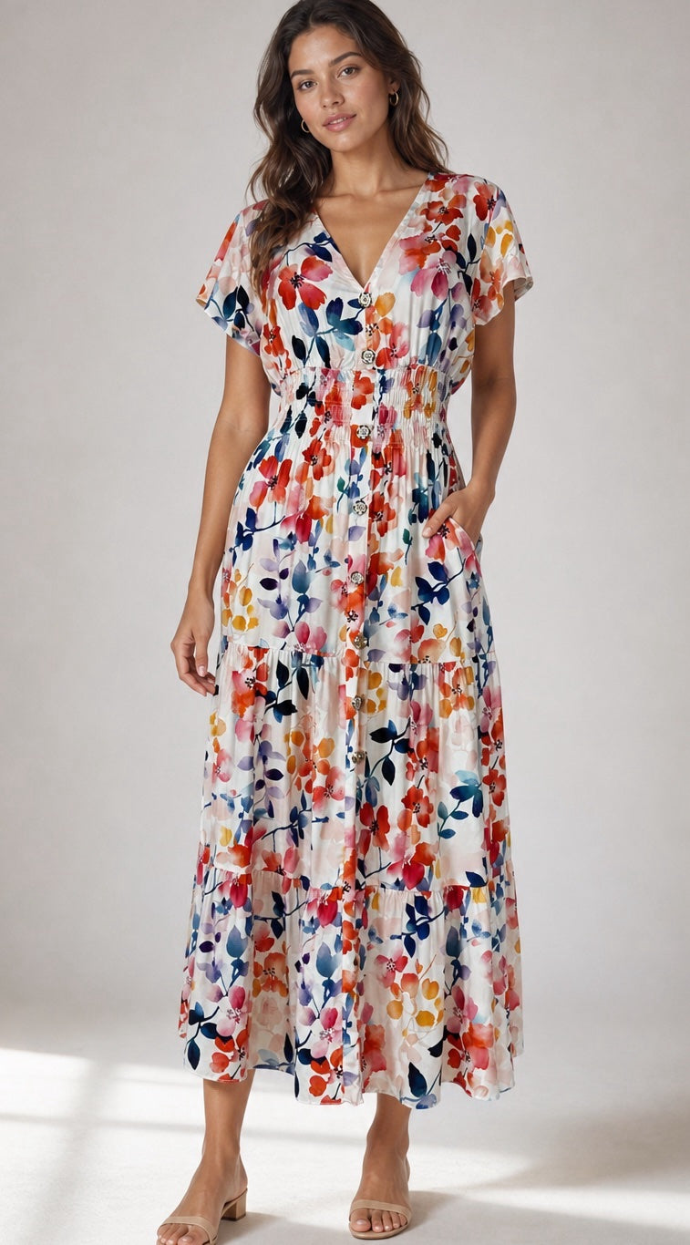 Floral Tiered Maxi Dress with Shirred Waist - White