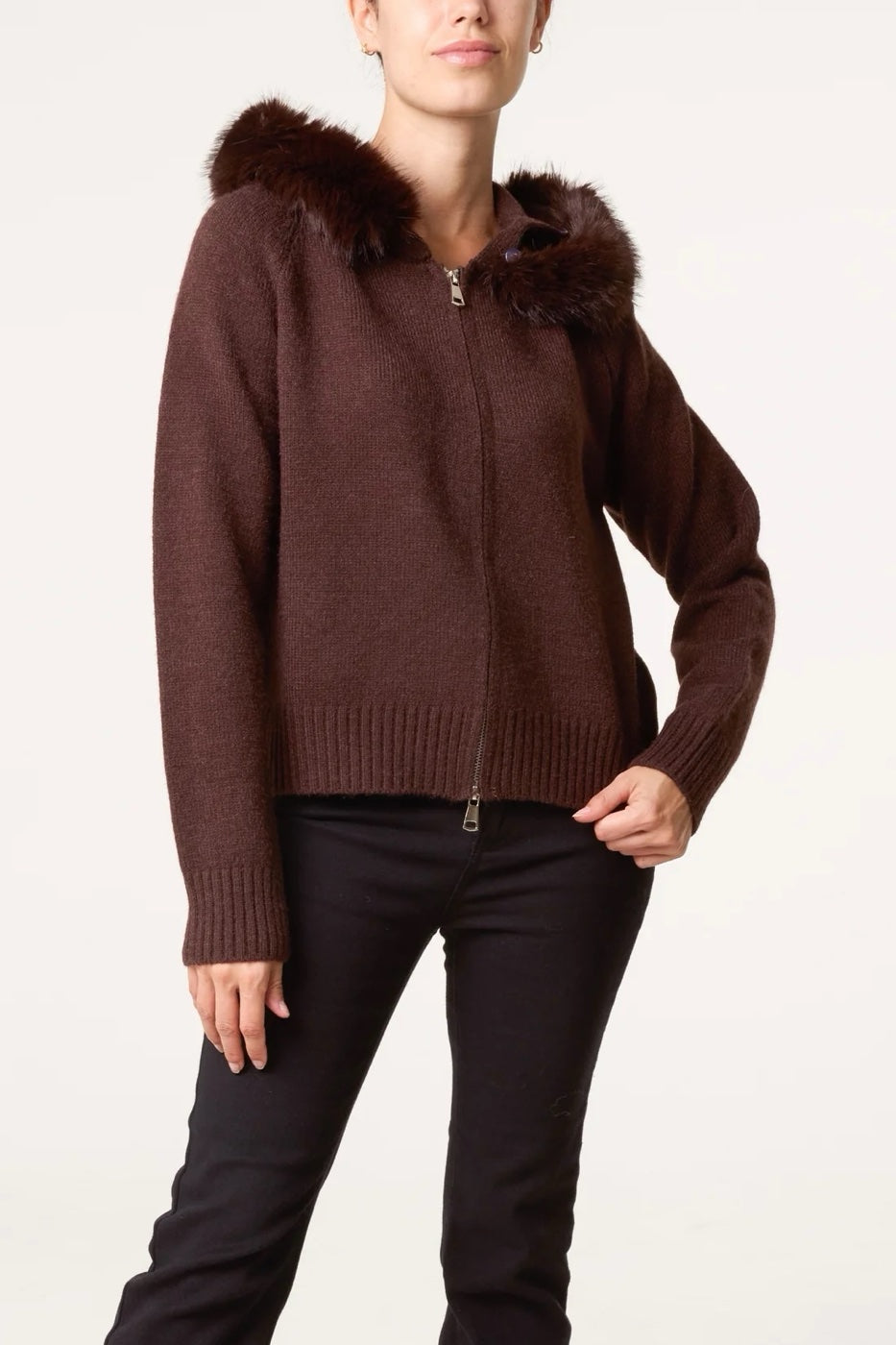 Hooded Faux-Fur Trim Knit - Chocolate (2)