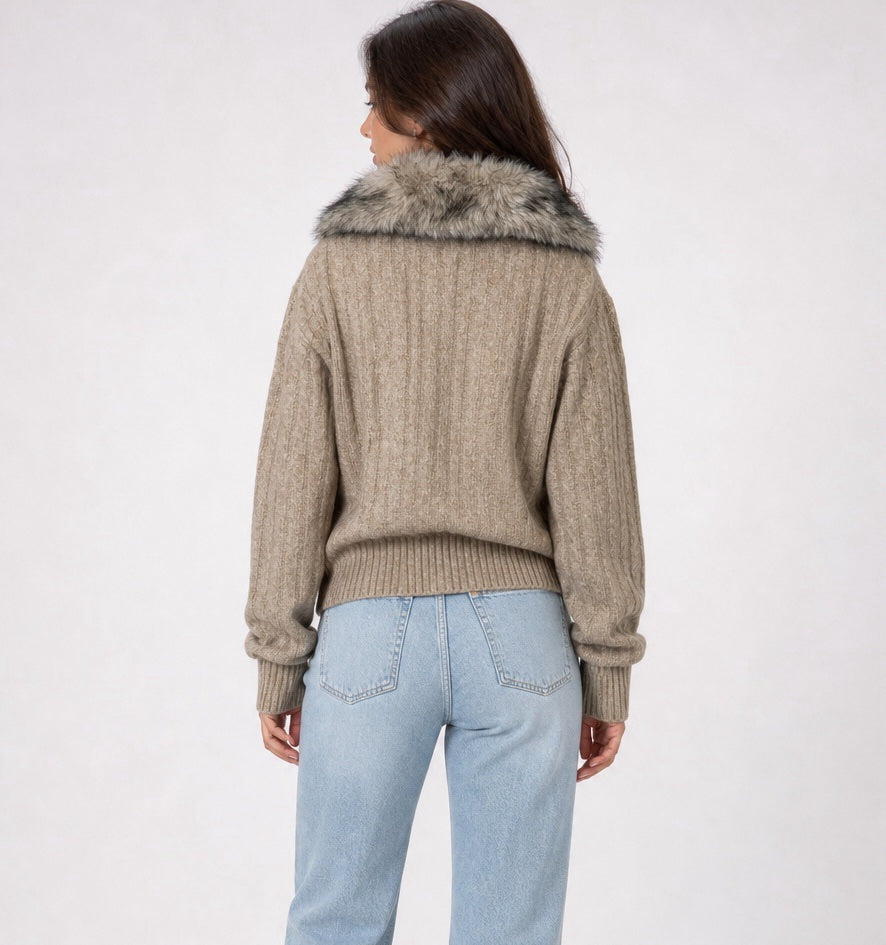 Faux Fur Collar Cable Knit Cardigan - Mixed Pack (2)