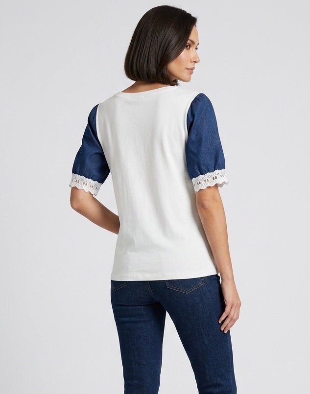 Contrast Panel T-Shirt with Lace Trim - White (2)
