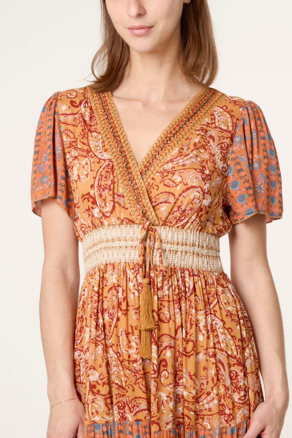 Bohemian Tiered Maxi Dress with Paisley Print - Orange (2)