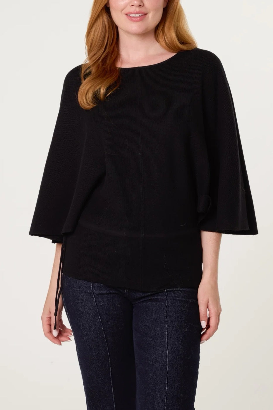 Boat Neck Knit Jumper with Side Tie - Black