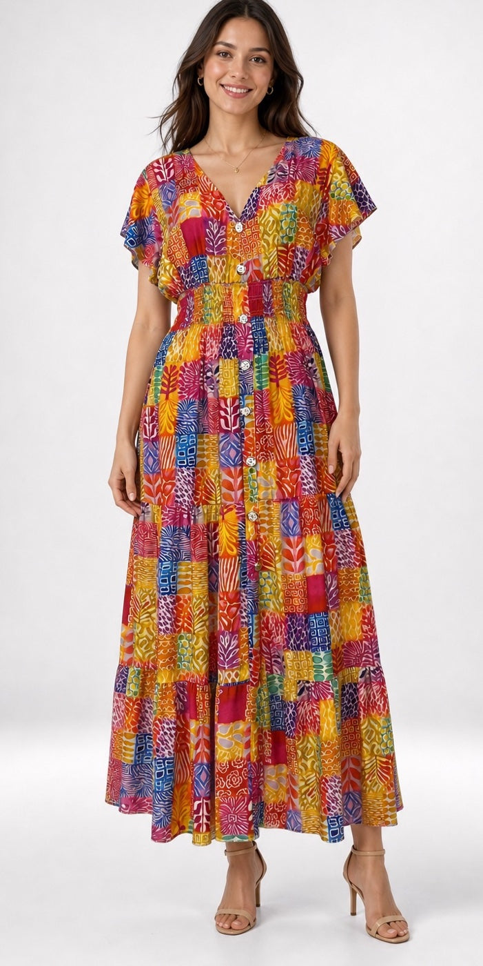 Patchwork Print Maxi Dress - Hot Pink