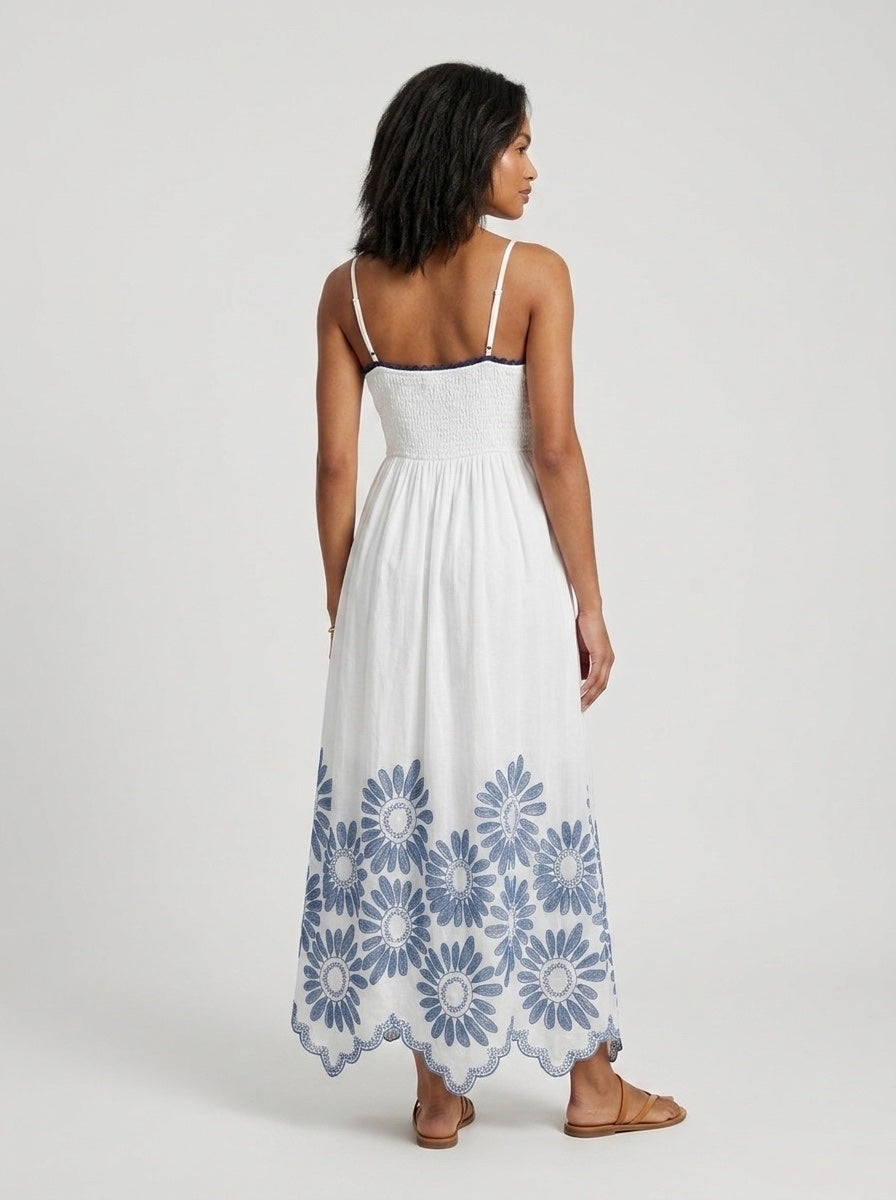 Embroidered Maxi Dress With Lace Trim - White