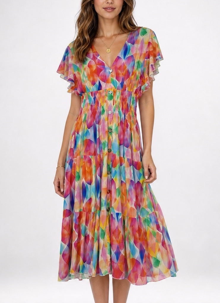 Shirred Waist Midi Dress 961-K2 - Multi