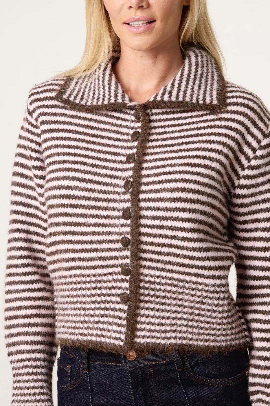 Striped Collared Wool Blend Cardigan - Pink/Brown