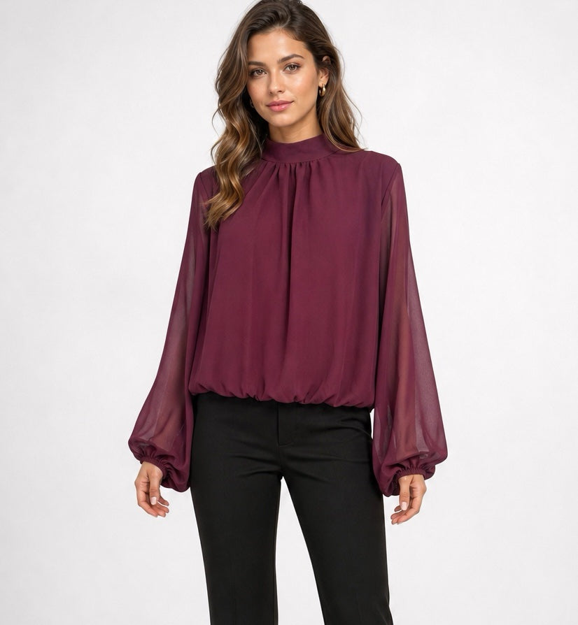 Gathered High Neck Bubble Hem Blouse - Mixed Pack