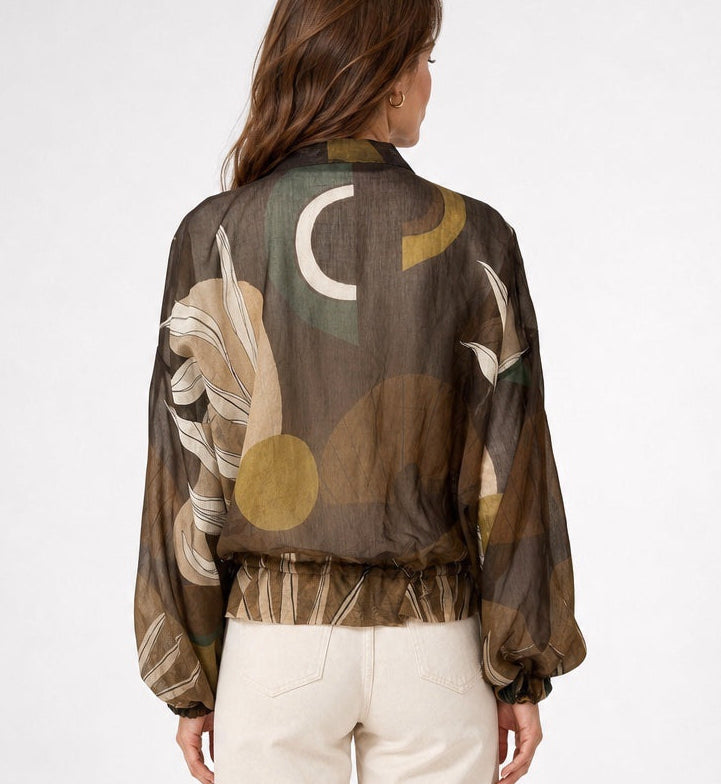 Abstract Print Sheer Bomber Jacket - Chocolate