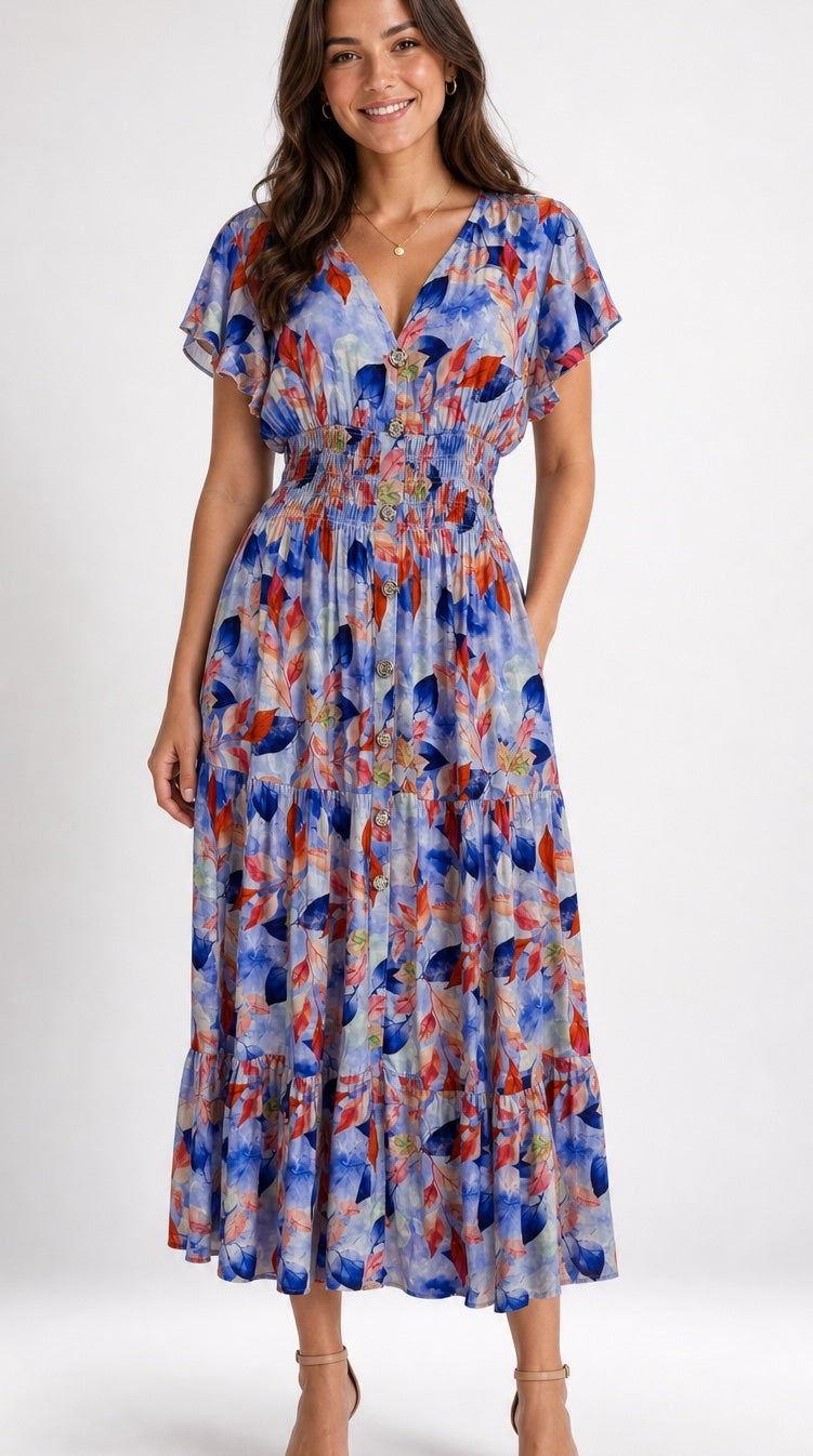 Red Multi Leaf Tiered Maxi Dress - Baby Blue