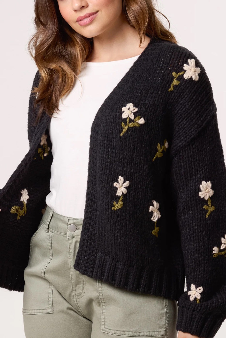 Embroidered Floral Knit Cardigan - Black (2)
