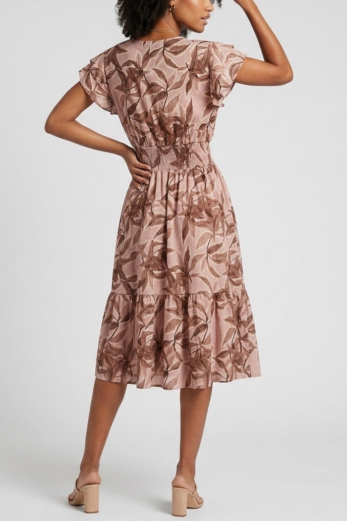 Shirred Waist Tiered Midi Dress - Brown (2)