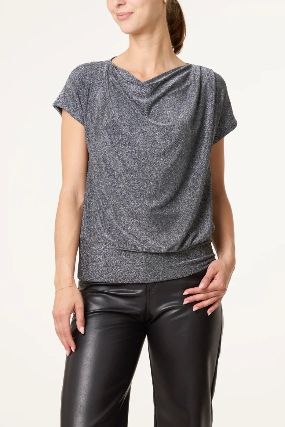 Shimmer Cowl Neck Top - Silver