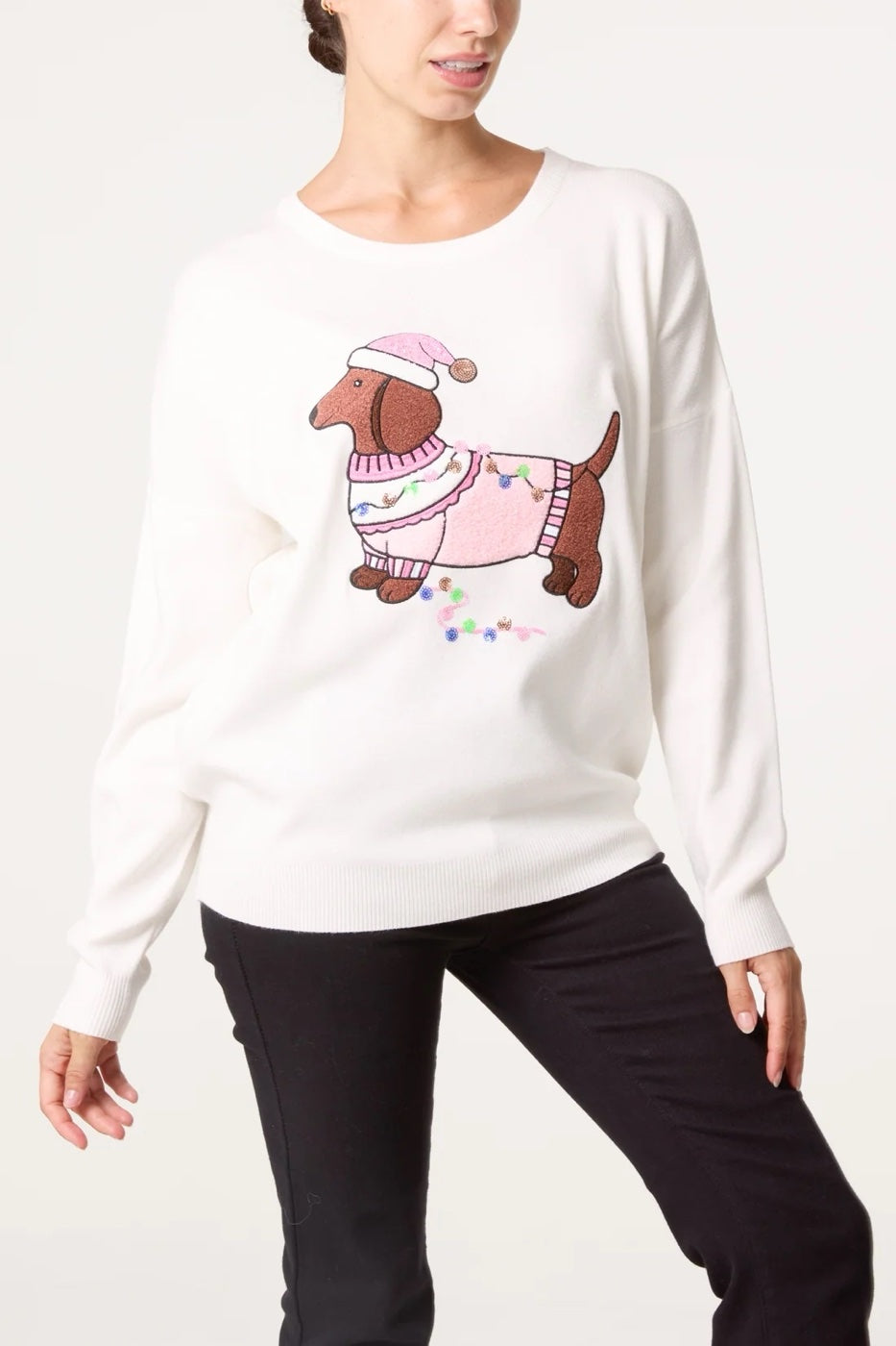 Festive Dachshund Jumper - Ivory