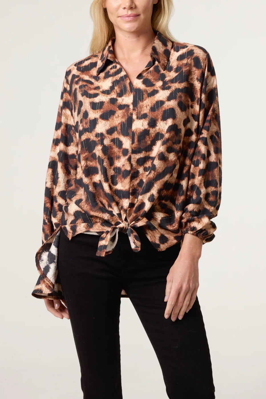 Leopard Print Tie-Front Shirt - Brown