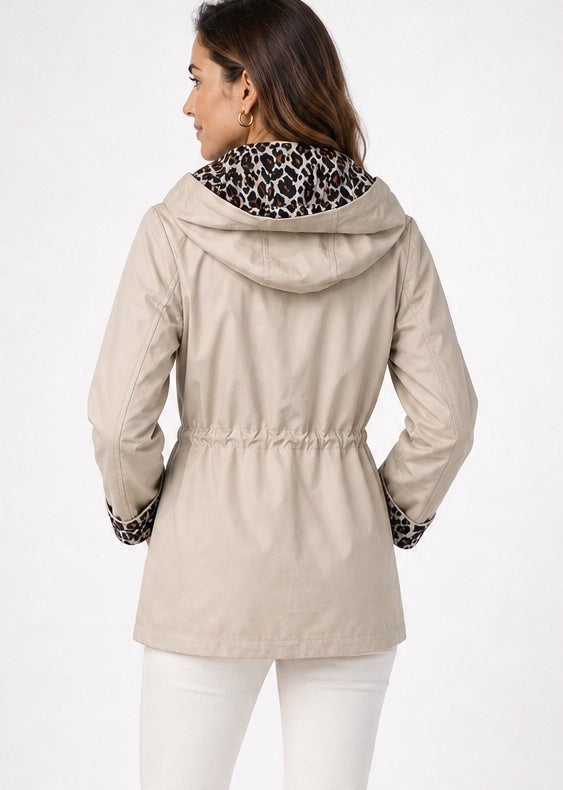 Drawstring Waist Animal Lined Hooded Jacket - Stone (2)