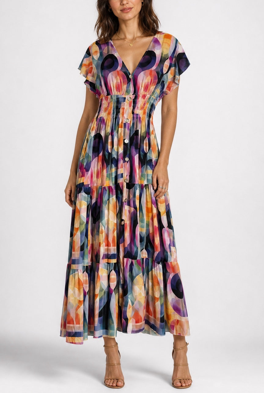 Abstract Print Smocked Maxi Dress 962-L1 - Multi