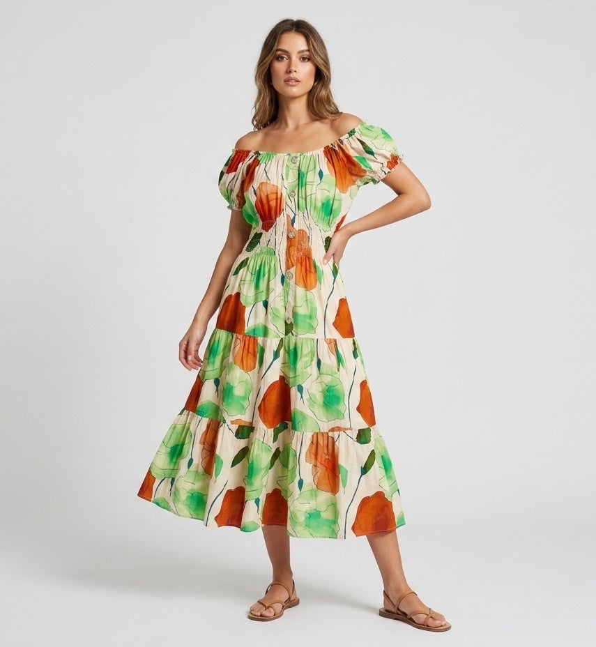 Off-Shoulder Floral Tiered Midi Dress - Light Green