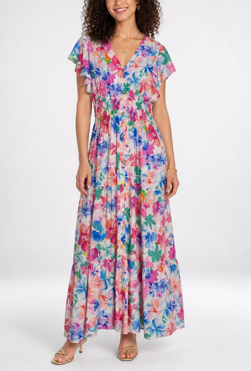 Floral Maxi Dress with Smocked Bodice and Ruffle Sleeves 962-L5 - Multi