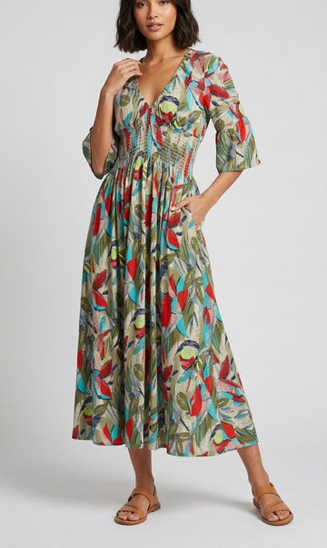 Abstract Botanical Print Shirred Midi Dress - Green