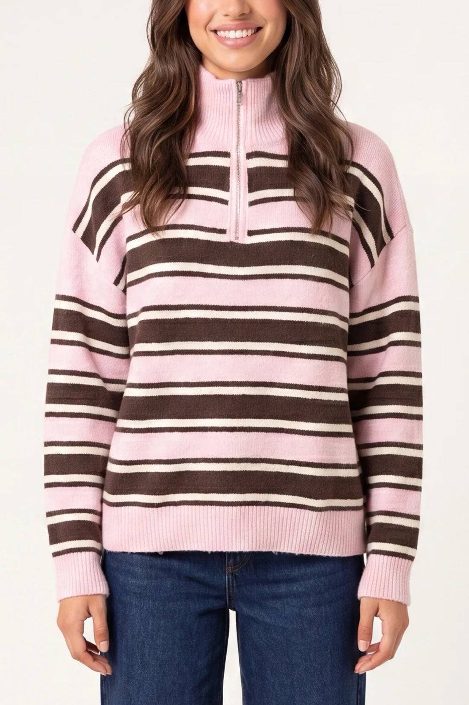 Striped Quarter Zip Funnel Neck Jumper - Baby Pink