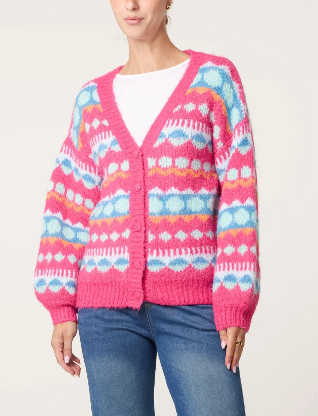 Geometric Pattern Knit Cardigan - Pink