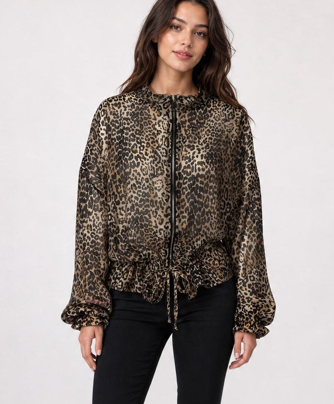Leopard Print Zip-Up Jacket with Ruched Waist - Animal