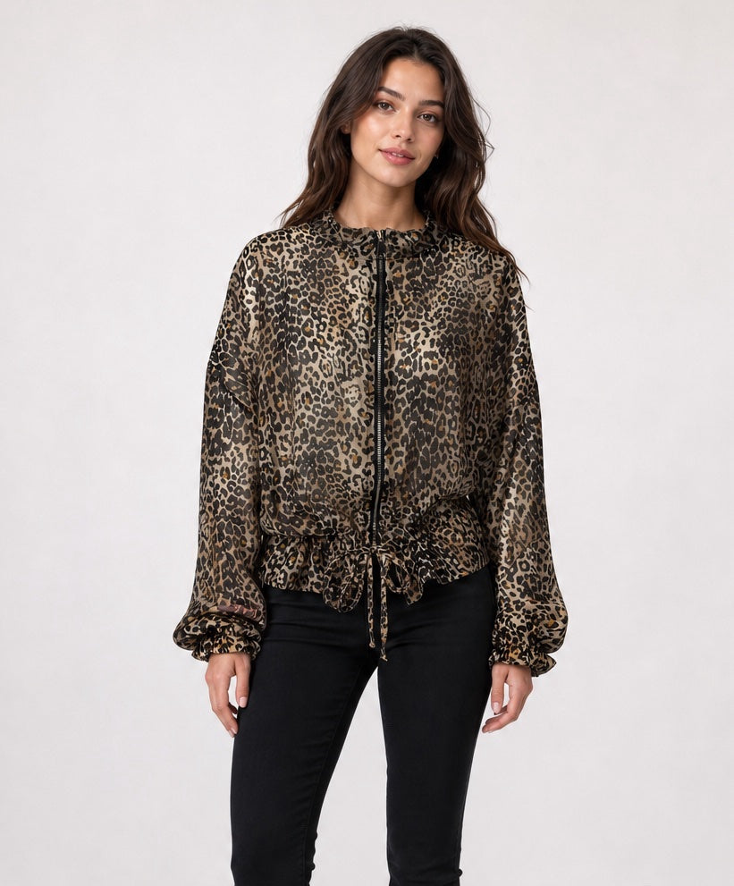 Leopard Print Zip-Up Jacket with Ruched Waist - Animal