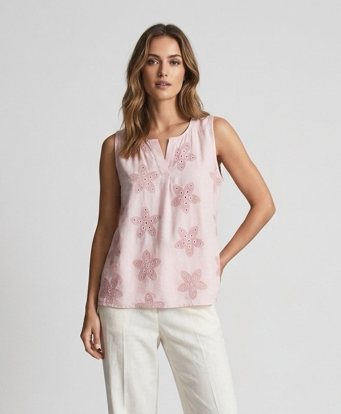Embroidered Floral Sleeveless Top - Light Pink
