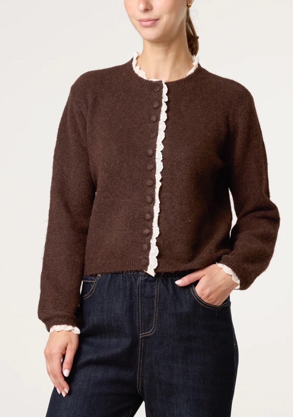 Lace Trim Knit Cardigan - Chocolate