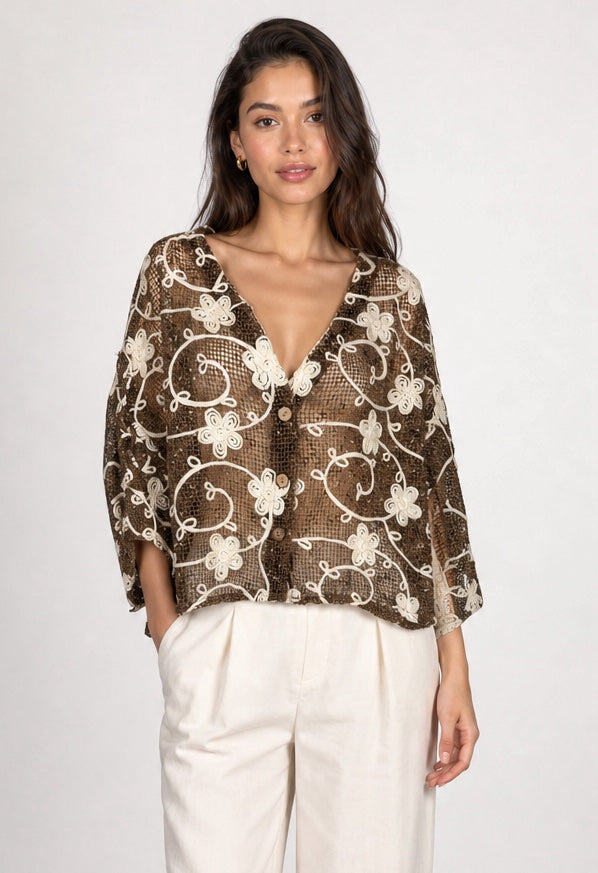 Embroidered Sheer Button-Down Blouse - Mixed Pack