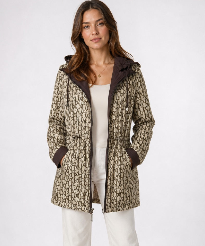 Chic Hooded Jacket with Patterned Lining - Chocolate (3)
