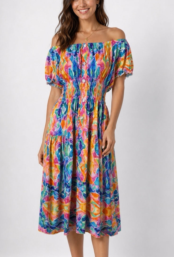 Off-the-Shoulder Smocked Midi Dress 958-J4 - Multi