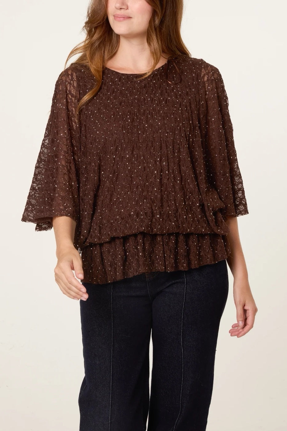 Tiered Embellished Lace Blouse - Chocolate
