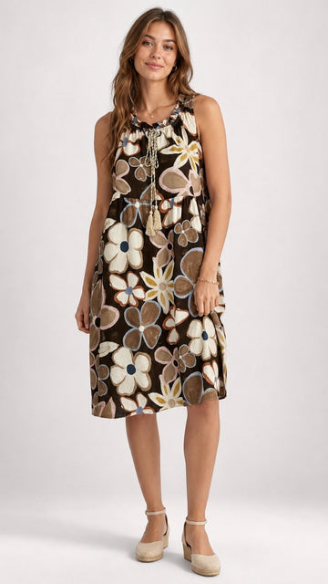 Floral Print Tiered Midi Dress - Brown