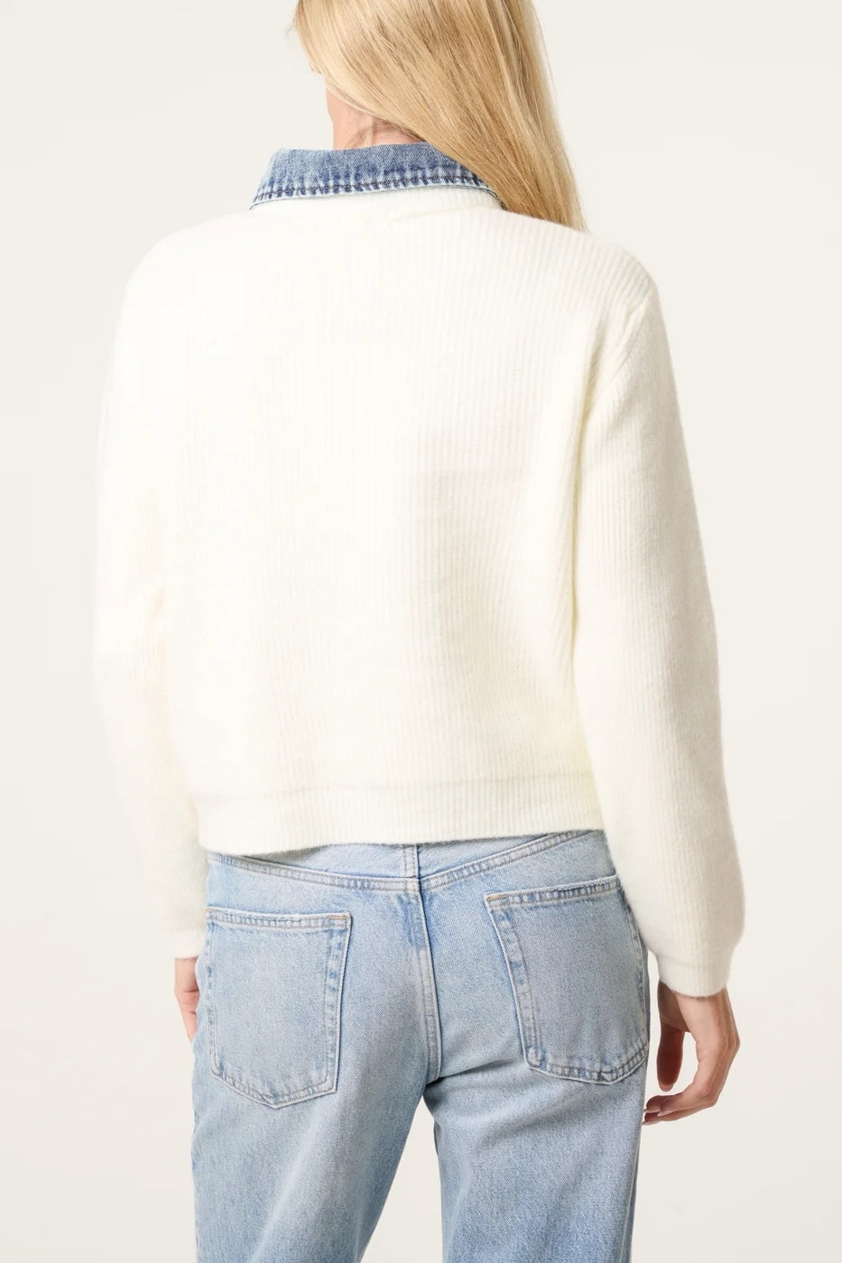 Denim Collar Zip-Up Cardigan - Ivory (2)