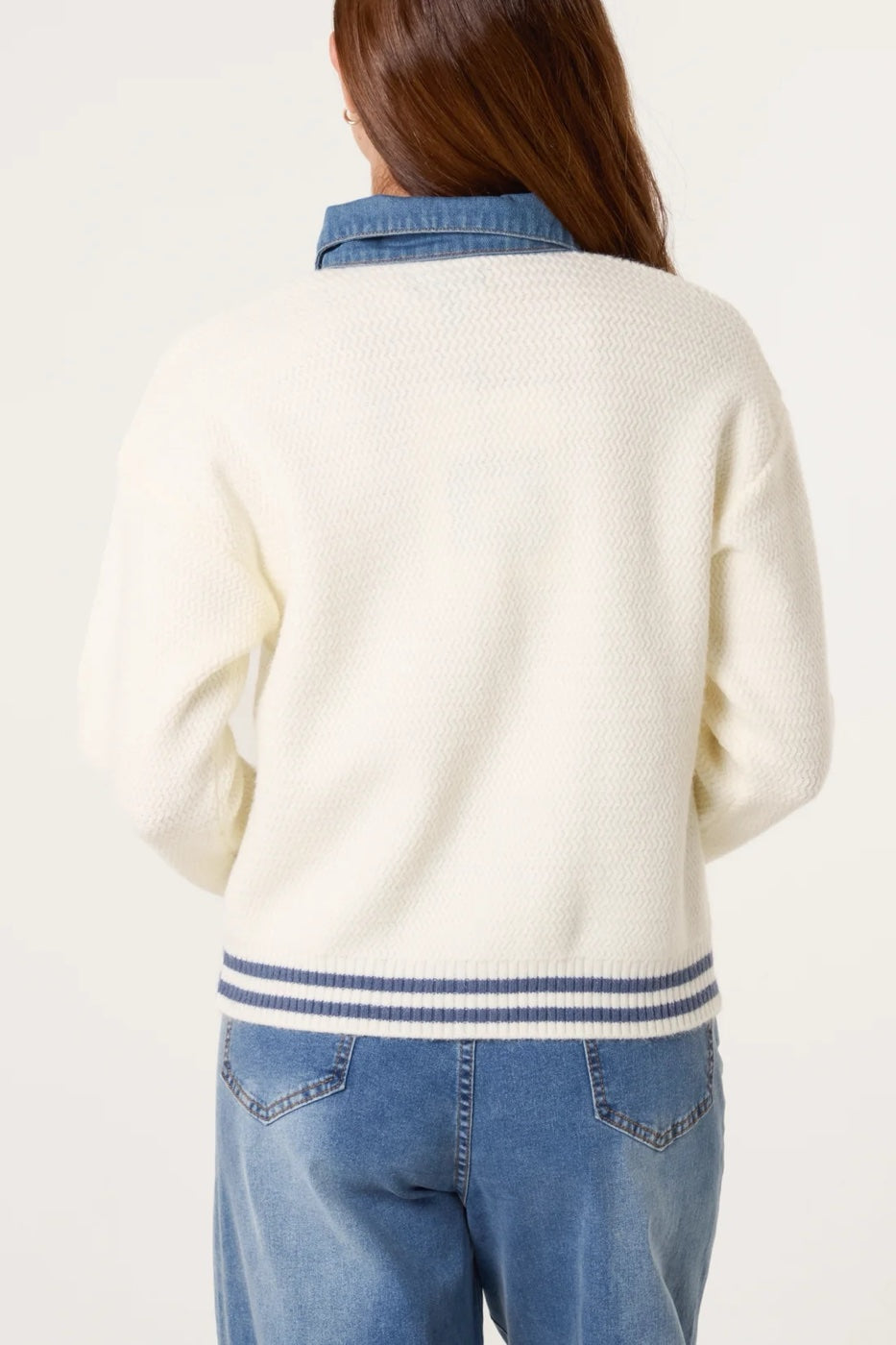 Textured Knit Cardigan with Denim Trim - Ivory (2)